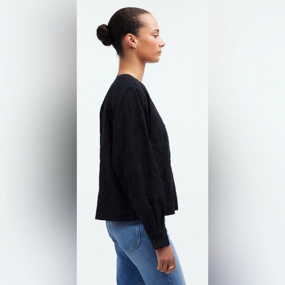 Madewell Long Sleeve Popover Top Black Eyelet Women's Size Medium New With Tags - Picture 3 of 11